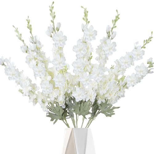 COEWUR 8PCS White Delphinium Artificial Flower Silk Larkspur Flowers 34.6'' Long Stem Plant Floral Silk Flowers Faux Bouquets for Tall Vase Floral Arrangements Floor Home Garden Outdoor Wedding Decor
