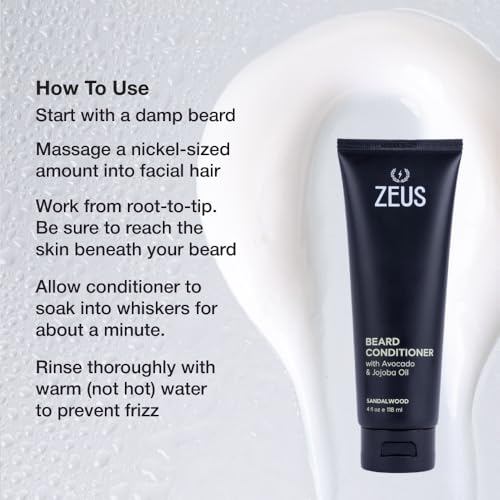 Image of ZEUS Beard Conditioner for Men with Essential Oils (Sandalwood) 4 oz. | Moisturizing Beard Wash with Aloe Vera, Green Tea & Jojoba Oil for Healthier, Softer, Flake Free Beard Growth (Made in USA)