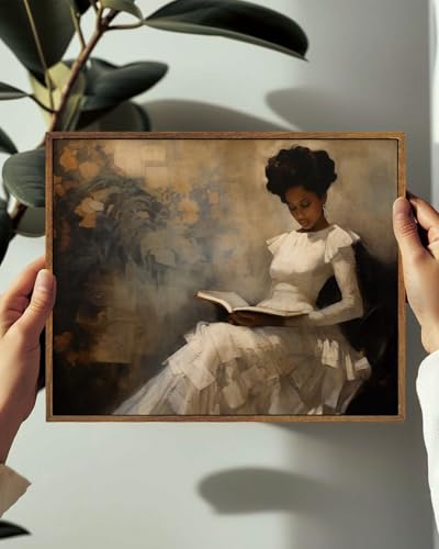 Image of KISSFOX Vintage Framed Wall Art Decor Victorian African American Pictures Paintings Wall Decor Moody Black Girl Reading A Book Canvas Art Prints Modern Farmhouse Black Woman Artwork For Kitchen