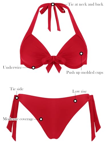RELLECIGA Women Push Up Bikini Set Knot Front Underwire Swimsuits Low-Rise Bathing Suit(Red,Medium) - Image 6