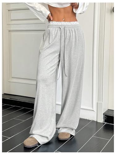 WDIRARA Women's Lace Trim Drawstring Waist Wide Leg Pants Loose Lounge Pants with Pockets4