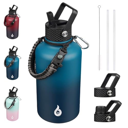 Image of BJPKPK Half Gallon Insulated Water Bottles with 3 Lids and Paracord Strap, 64oz Large, Stainless Steel Water Bottles with Straw Lid, Half Gallon Water Jug,Vast