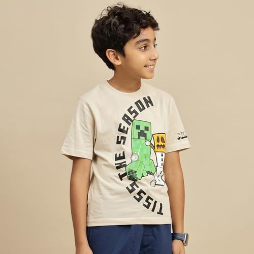 Image of Kidsville Official Minecraft Steve, Alex & Creeper Half Sleeves Round Neck Graphic Printed Regular Fit Pure Breathable Cotton Fabric Tshirt for Boys