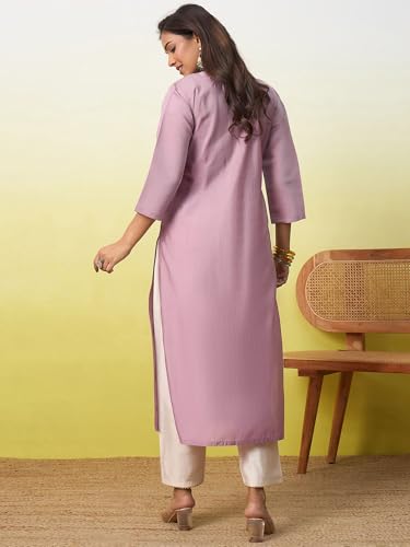 Image of Women's Embroidered Silk Straight Kurta Kurti | Below Knee Kurtas for Women Traditional Indian Wear Outfit Suitable Casual Festive Office Styling