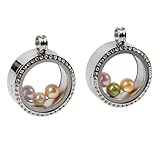 Africanbeads 2PCS 30MM Crystal Silver Round Floating Charm Locket Necklace with 6 Freshwater Pearls/Beads,316L Stainless Steel Clear Glass Locket,Living Memory Pendant for Women(Without Chain)