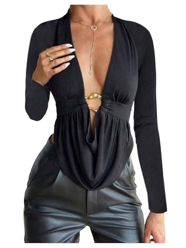 SOLY HUX Women's Plus Size Ruched Cowl Neck T Shirt Long Sleeve Asymmetrical Party Club Tops