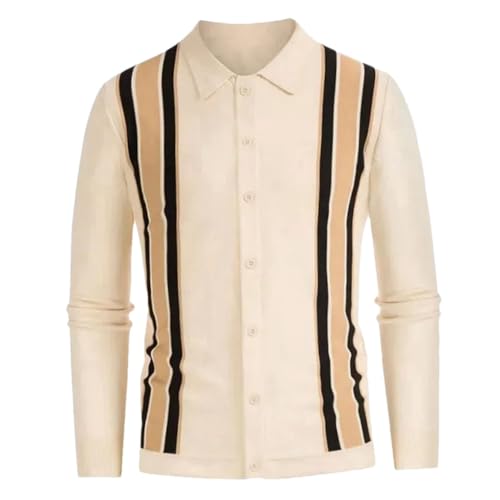 Solid Color Casual Lapel Vintage Striped Stitching Men's Sweater Cardigan