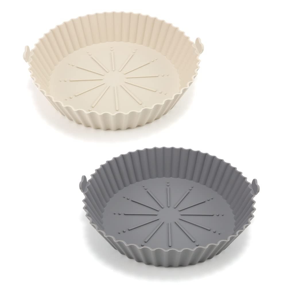 Trifecta Air Fryer Silicone Liners 2 PCs - 7.5 Inch Reusable Air Fryer Basket Heat Resistant - Air Fryer Inserts - Silicone Pot Round Tray Parchment Liner for Replacement (Beige & Grey)-image-22