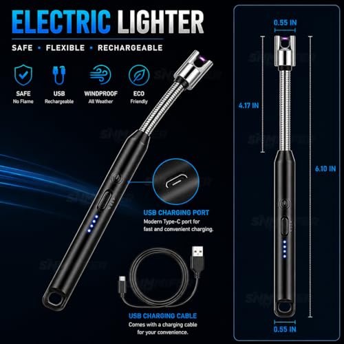 Image of SNMMIFER Electric Lighter, USB C-Type Rechargeable, 360 Flexible Neck, Windproof, for Kitchen Gas Stove, Candles, Pooja, Black
