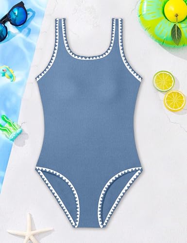 Image of Qaoerde Girls Swimsuit One Piece Swimsuits Solid Color Bathing Suit Colorful Contrast Trim Adjustable Straps Swimwear 9-16Y