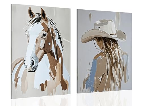 Image of 2pcs Framed Western Cowboy Girl Wall Art Oil painting style Cowboy Girl and Horse Canvas Print Poster Rustic Farmhouse Wall Decor for Living Room Bedroom Home Decoration