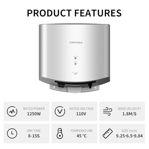 interhasa! Händetrockner automatischer Infrarotsensor handtrockner leise Gewerbe und Haushalt 1250W（Silber）