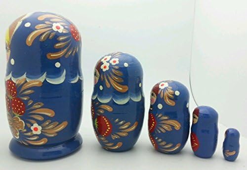 Russian Traditional Blue Matryoshka Hand Painted Nesting Set of 5 Dolls / 5" Tall