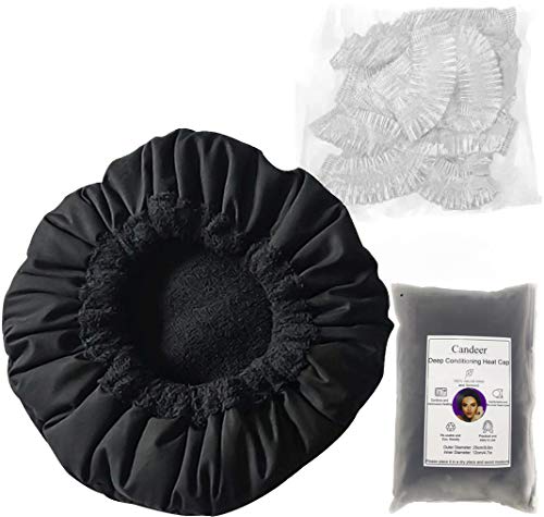 Candeer Cordless Deep Conditioning Heat Cap, Microwavable Treatment Steaming cap, Hair Styling and Treatment Steam Cap, 100% Natural Flaxseed Thermal Cap(10 PCS One-time shower cap)(Black)