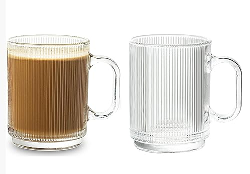 Image of 385 ML Glass Coffee Mug Set, with Convenient Handle, Tea Glasses for Hot /Cold Beverages, Thermal Shock Resistant, Tempered Glass, Mugs for Cappuccino Pack of 2 (PN - 03, 2 Count (Pack of 1))