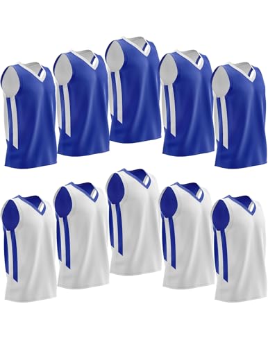 10-Pack Men's Reversible Custom Basketball Jerseys, Mesh Athletic Sleeveless Shirts Blank Team Scrimmage Pinnies Uniforms Set (Blue/White)
