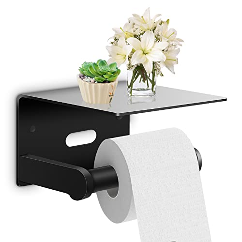 AURUZA Toilettenpapierhalter ohne Bohren mit Ablage, Klopapierhalter Ohne Bohren Matt Edelstahl Papierhalter Selbstklebend Klorollenhalter Rollenhalter für Badezimmer Toilette WC Halter Schwarz Cover