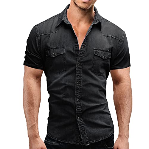 IPOVOQ Chemise en Jean en Coton pour Hommes Chemise boutonnée à Manches Courtes Hommes Casual Slim Fit Jean Shirt Western Cowboy Shirt Cover