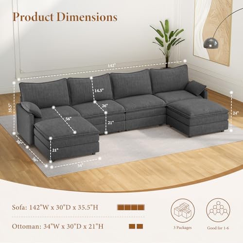Image of Vesgantti 142 inch U Shaped Sectional Couch, Comfy Cloud Modular Sectional Sofa with 2 Ottoman Deep Seat Chenille Modern Cloud Sofa, Modular Sofas for Living Room, Bedroom and Apartment, Gray