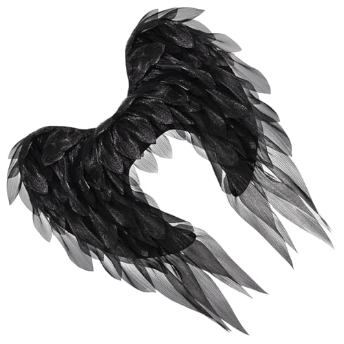 XAGMODSHN Ala de ángel y diablo profesional con detalles de plumas para actuaciones teatrales en tela de organza fluida para accesorios de fotos, accesorios de disfraz de ángel, Negro, Talla única