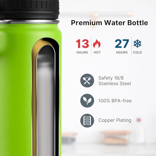 Image of koodee Kids Water Bottle 12 oz Stainless Steel Vacuum Insulated Water Bottle for School, Small Sports Wide Mouth Water Bottle with Straw Lids(Apple Green)