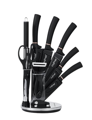 9 tlg Messerset Kochmesser Messerständer drehbar aus Edelstahl Set in Schwarz