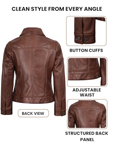 Image of Decrum Trucker Leather Jacket Women - Button Closure Vintage Style Real Lambskin Womens Leather Jacket