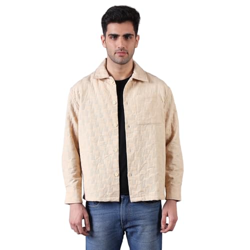 Image of Urban Scottish Men's Oversized Shacket, Cotton Jacquard, Long Sleeve Button Down Collared Shirt Jacket for Mens - Long Fit, Textured Fabric, Stylish Casual Outerwear
