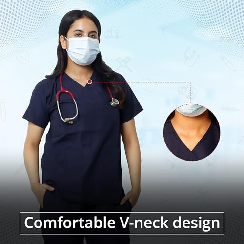 Image of Robustt Classic Scrub Suit Set For Women - Navy Blue (Extra Small) | Uniform For Doctors | Cotton Fabric | Ultimate Comfort and Breathability | Adjustable Fit | Multiple Pockets | V-Neck