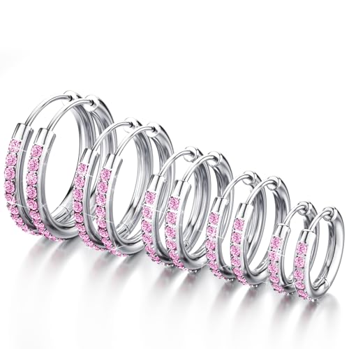 5Pairs Hoop Earrings for Women & Men 316L Hypoallergenic Stainless Steels Pink Cubic Zirconia Hoops Earrings Set Small Tiny Cartilage CZ Earring Fashion Gift 13mm/15mm/17mm/21mm/23mm