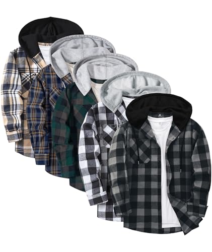 ZITY 5 Pack Men's Flannel Hoodie Shirts Button Down Long Sleeve Casual Stylish Plaid Hooded Shirt with Pocket