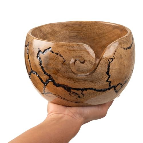 Image of Mangowood Yarn Bowl for Crocheting, Large 7x4 inch Cute Crochet Wooden Yarn Holder & Knitting Gadgets Supplies, Gifts for crocheters Handmade Bowl with Fractal Burning & Black Resin Inlay (M-Black)