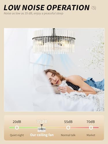 Image of SYDACG 20 inch Black and Clear Crystal Fandelier Ceiling Fan with Light, Mid-Century Chandelier Ceiling Fan with Light Remote Control, 6 Speeds for Bedroom, Nursery, Living Room