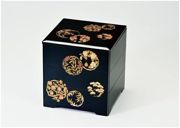 輪島塗 扇面蒔絵 溜塗 四段重箱 台付き 季節の花蒔絵 お重/弁当箱