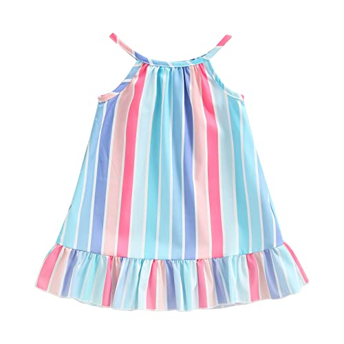 KMBANGI Kid Toddler Baby Girl Summer Dress Sleeveless Spaghetti Strap Striped Ruffle Trim Beach Dresses (Blue Purple, 2-3 Years)