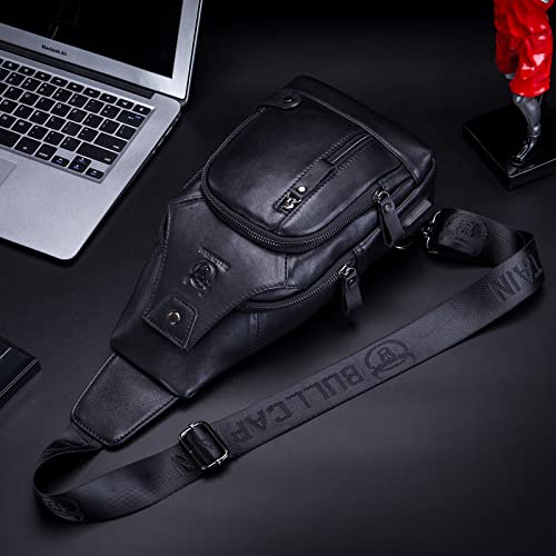 Image of BULLCAPTAIN Genuine Leather Sling Bag with USB Charging Port Multi-pocket Chest Bag for Men Hiking Travel Daypack XB-129