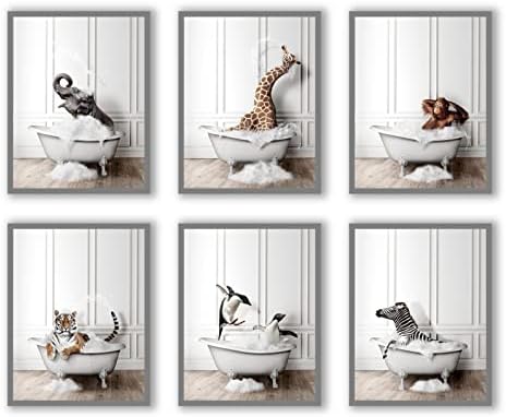 SYCART® - Funny Bathroom Decor Wall Art Poster Prints – Unframed Set of 6 (8'' x 10'' Inch) – Bathroom Wall Decor, Funny Poster for Bathroom Decor, Kids Bathroom Decor, Kids Bathroom Decor Wall Art with Elephant, Giraffe, Penguin, Tiger Animal Pictures,Animal Giraffe Penguin Elephant Bathroom Pictures for Wall Decor,,Poster for Bathroom, bathroom decor, bathroom decor wall art, kids bathroom decor,