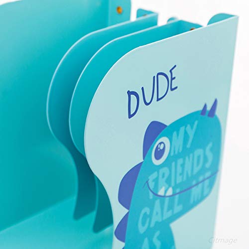 Citmage Adjustable Bookend Metal Dinosaur Pattern Bookends Non-Skid Heavy Duty Book Holder Stand Hold Books,Magazines,Cookbooks(5.7''x3.9''x7.4'')(Blue)