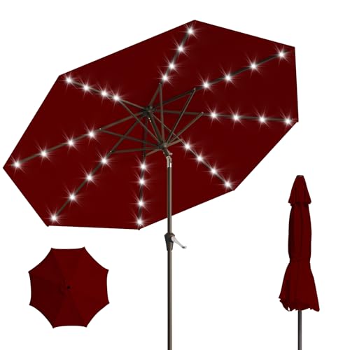AreShark Sombrilla solar de 9 pies con 32 luces LED para patio, mesa de mercado con inclinación y manivela, paraguas para exteriores, para jardín, terraza, patio, piscina y playa, color borgoña