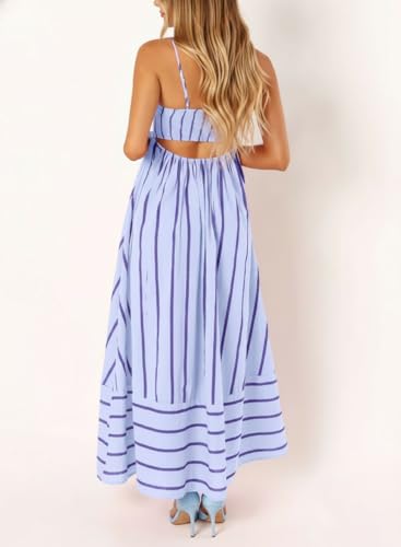 Image of chouyatou Women's Striped Back Smocked Maxi Dress Sexy Spaghetti Strap Cut Out Flowy Swing Long Dress