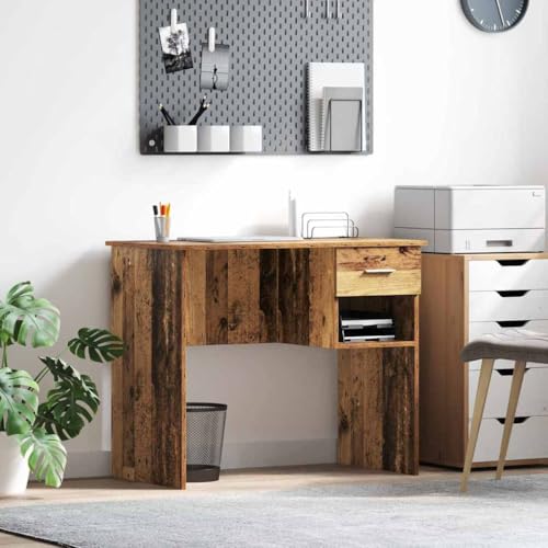 Zeiquah Escritorio con estante y cajón de madera recuperada 90 x 49 x 75 cm moderno escritorio para ordenador, oficina, dormitorio, oficina en casa