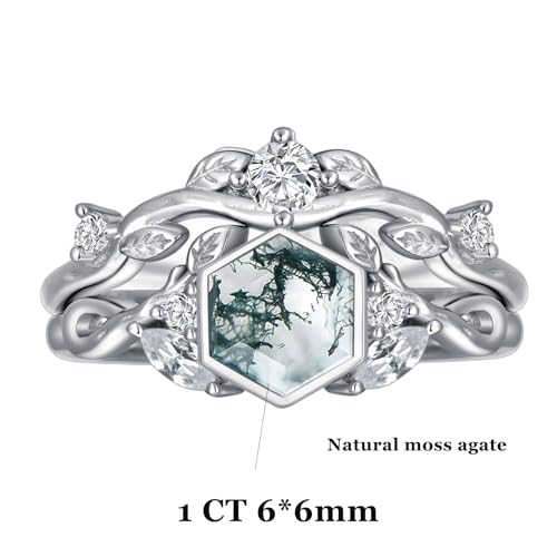 925 Sterling Silver Hexagonal Natural Moss Agate Engagement Ring for Women CZ Stackable Promise Rings Jewelry Set3