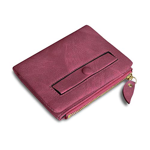 PofeeXIO Womens Wallets Small Rfid Ladies Bifold Wallet With Zipper Coin Pocket,Mini Purse Soft Compact Thin (wine Red)