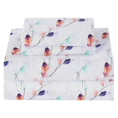Image of Softan Floral Twin Sheet Set, 3-Piece Cozy Microfiber Pastel Blooms Printed Fitted Bed Sheet with 15 inch Deep Pockets & Non-Slip Straps, Feather Patterned Sheets & Pillowcase Set