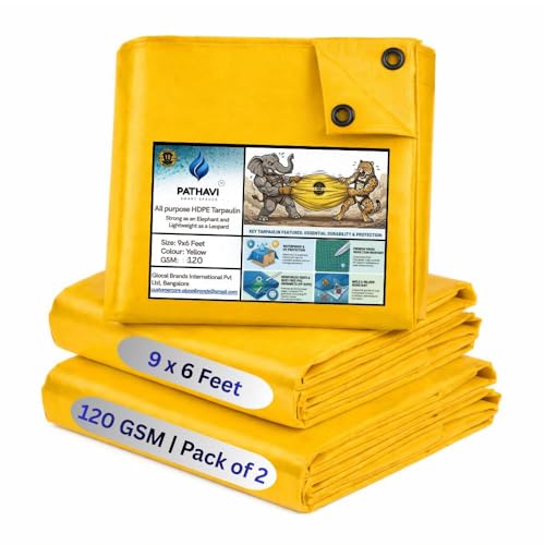 Image of Premium 9x6ft Yellow Tarpaulin, Thadika, 120 GSM Virgin Tharpai Sheet, Heavy Duty Waterproof Tadpatri Cover with Reinforced Eyelets & UV Protection, Ideal for Trucks, Farms, HomeUse, 2 Sheets