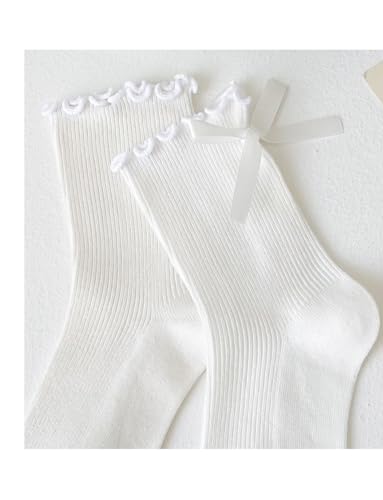 Image of Womens Bow Socks Ruffle Casual Crew Black Whitte Soft Breathable Cotton 4 Pairs Socks