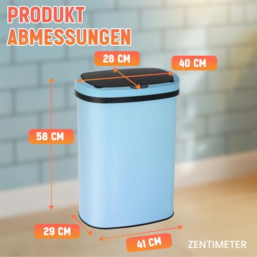 FDW Kosz na śmieci z czujnikiem i pokrywką, stal nierdzewna, 50 l, inteligentny kosz na śmieci, automatyczny, bezdotykowy, elektryczny, wodoszczelny, niebieski