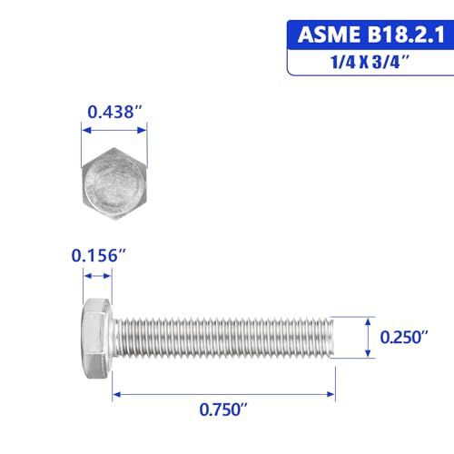 Image of 1 /4-20 X 3 /4 inch Hex Head Screw Bolt, 304 Stainless Steel 18-8, Full Thread, Coarse Thread UNC, ASME B18.2.1, 50 Pcs-Pack