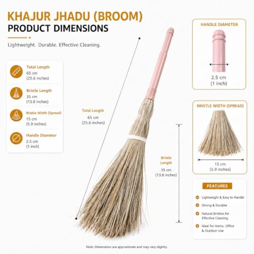 Image of Natural Palm Dry Leaf Broom | Khajur Jhadu Pack of 1 | Eco-Friendly Floor Cleaning Broom Stick | Less Dust /Bhusa | Lightweight Handmade Jhadu for Home, Kitchen, Office & Outdoor | Multicolor
