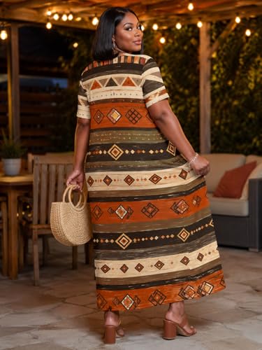 Image of Plus Size Maxi Dress for Women Short Sleeve V Neck Casual Loose Sundress with Pockets